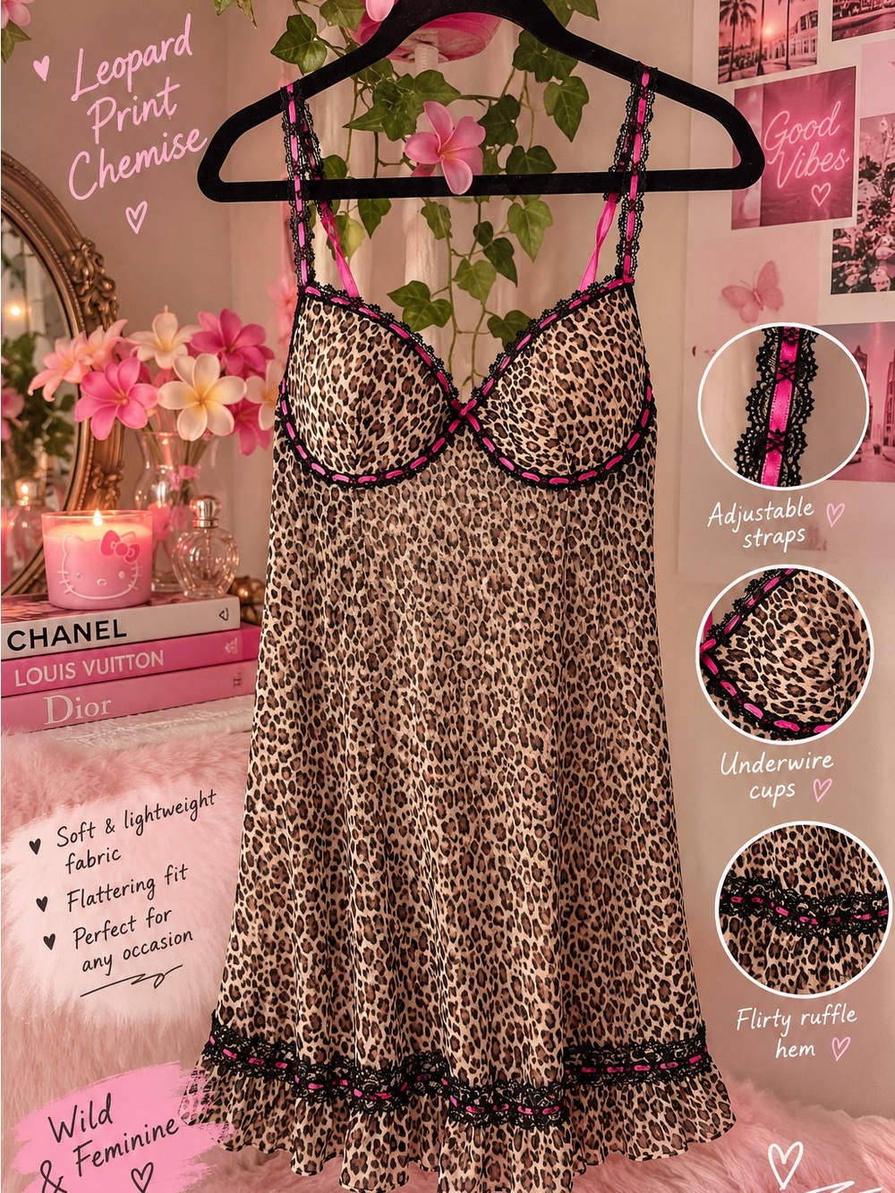 Rampage Leopard Print Chemise with Black Lace and Pink Accents